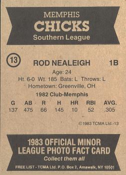1983 TCMA Memphis Chicks #13 Rod Nealeigh Back