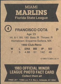 1983 TCMA Miami Marlins #4 Francisco Cota Back
