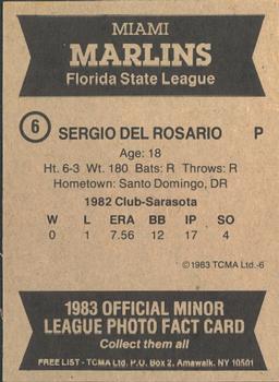 1983 TCMA Miami Marlins #6 Sergio Del Rosario Back