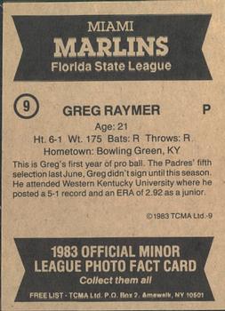 1983 TCMA Miami Marlins #9 Greg Raymer Back