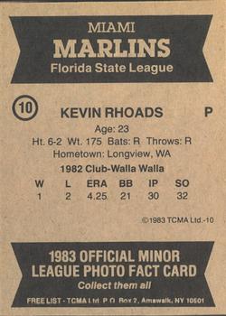 1983 TCMA Miami Marlins #10 Kevin Rhoads Back