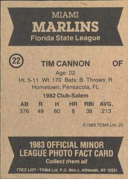 1983 TCMA Miami Marlins #22 Tim Cannon Back