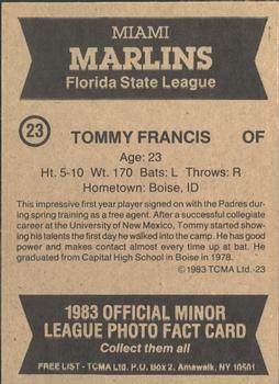 1983 TCMA Miami Marlins #23 Tommy Francis Back