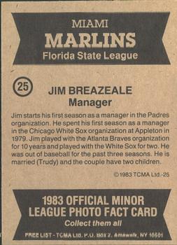 1983 TCMA Miami Marlins #25 Jim Breazeale Back
