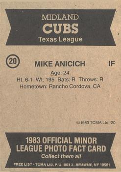 1983 TCMA Midland Cubs #20 Mike Anicich Back