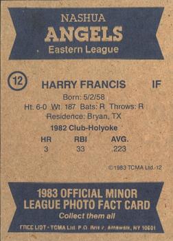 1983 TCMA Nashua Angels #12 Harry Francis Back