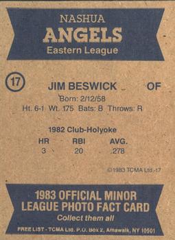 1983 TCMA Nashua Angels #17 Jim Beswick Back