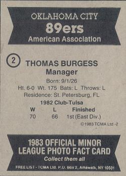 1983 TCMA Oklahoma City 89ers #2 Tommy Burgess Back