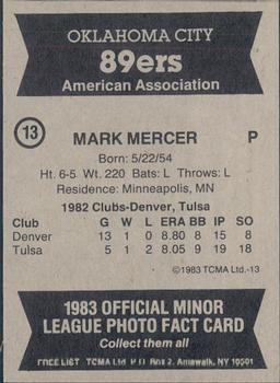 1983 TCMA Oklahoma City 89ers #13 Mark Mercer Back