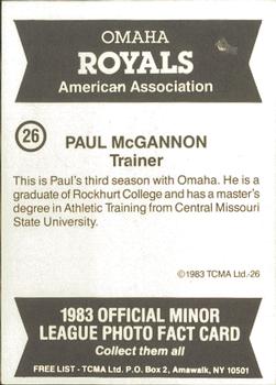 1983 TCMA Omaha Royals #26 Paul McGannon Back