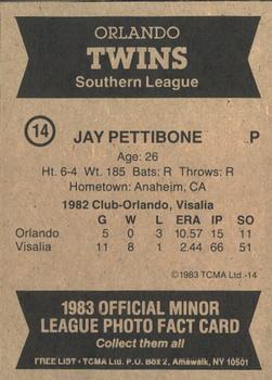 1983 TCMA Orlando Twins #14 Jay Pettibone Back