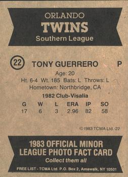 1983 TCMA Orlando Twins #22 Tony Guerrero Back