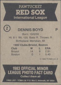 1983 TCMA Pawtucket Red Sox #2 Dennis Boyd Back