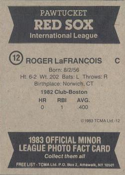 1983 TCMA Pawtucket Red Sox #12 Roger LaFrancois Back