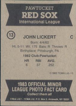 1983 TCMA Pawtucket Red Sox #13 John Lickert Back