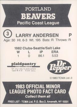 1983 TCMA Portland Beavers #3 Larry Andersen Back