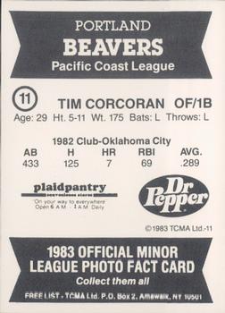 1983 TCMA Portland Beavers #11 Tim Corcoran Back