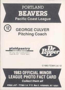 1983 TCMA Portland Beavers #12 George Culver Back