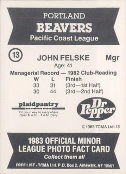 1983 TCMA Portland Beavers #13 John Felske Back