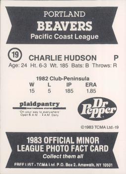 1983 TCMA Portland Beavers #19 Charlie Hudson Back