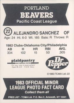 1983 TCMA Portland Beavers #22 Alejandro Sanchez Back