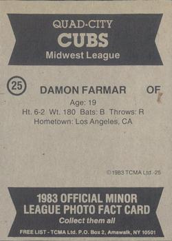 1983 TCMA Quad City Cubs #25 Damon Farmar Back
