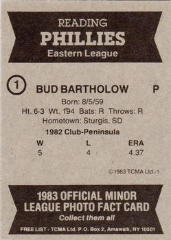1983 TCMA Reading Phillies #1 Bud Bartholow Back