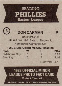 1983 TCMA Reading Phillies #3 Don Carman Back