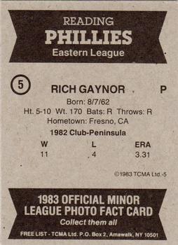 1983 TCMA Reading Phillies #5 Rich Gaynor Back
