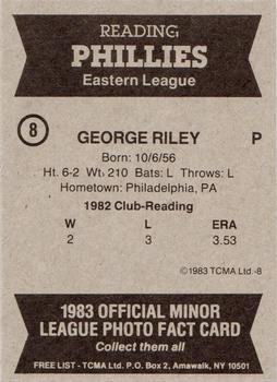 1983 TCMA Reading Phillies #8 George Riley Back