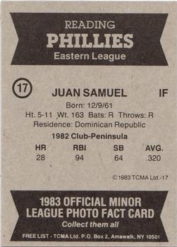 1983 TCMA Reading Phillies #17 Juan Samuel Back