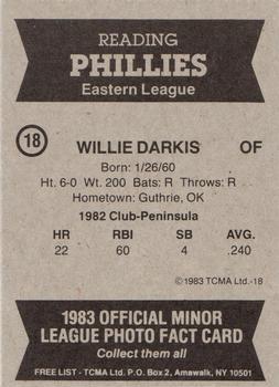 1983 TCMA Reading Phillies #18 Willie Darkis Back