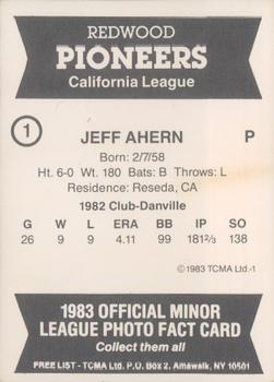 1983 TCMA Redwood Pioneers #1 Jeff Ahern Back