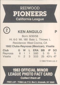 1983 TCMA Redwood Pioneers #2 Ken Angulo Back