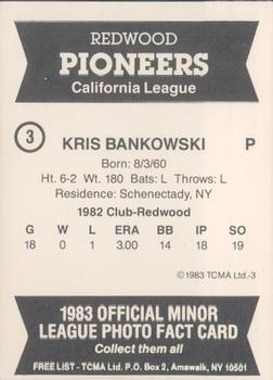 1983 TCMA Redwood Pioneers #3 Kris Bankowski Back