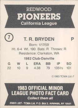 1983 TCMA Redwood Pioneers #7 T.R. Bryden Back