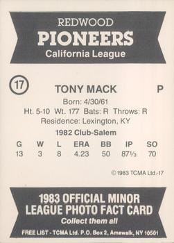 1983 TCMA Redwood Pioneers #17 Tony Mack Back