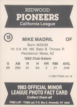 1983 TCMA Redwood Pioneers #18 Mike Madril Back