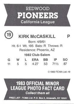 1983 TCMA Redwood Pioneers #19 Kirk McCaskill Back
