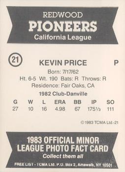 1983 TCMA Redwood Pioneers #21 Kevin Price Back