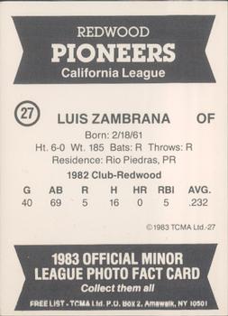 1983 TCMA Redwood Pioneers #27 Luis Zambrana Back