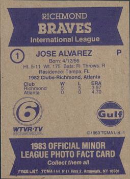 1983 TCMA Richmond Braves #1 Jose Alvarez Back