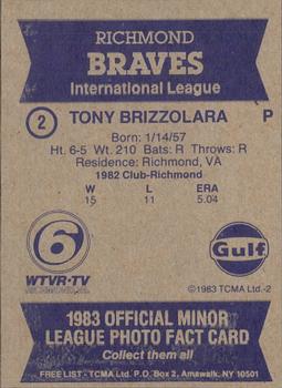 1983 TCMA Richmond Braves #2 Tony Brizzolara Back