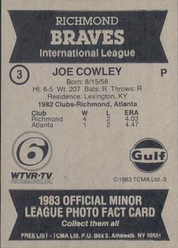 1983 TCMA Richmond Braves #3 Joe Cowley Back
