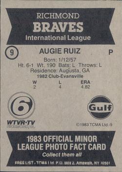 1983 TCMA Richmond Braves #9 Augie Ruiz Back