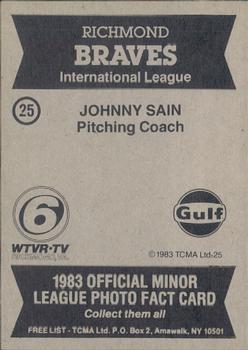 1983 TCMA Richmond Braves #25 Johnny Sain Back