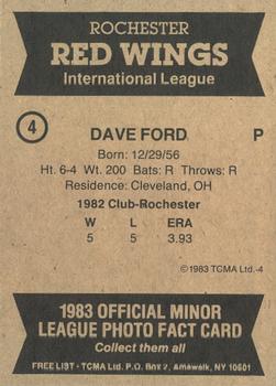 1983 TCMA Rochester Red Wings #4 Dave Ford Back