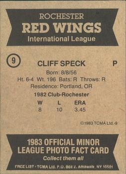 1983 TCMA Rochester Red Wings #9 Cliff Speck Back