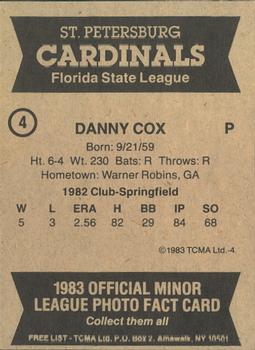 1983 TCMA St. Petersburg Cardinals #4 Danny Cox Back