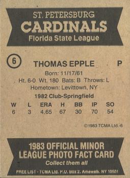 1983 TCMA St. Petersburg Cardinals #6 Thomas Epple Back